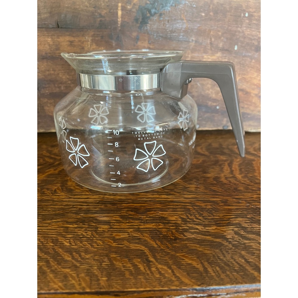 Vintage Mr Coffee 12 Cup Glass Replacement Carafe White Floral Brown Handle Pot